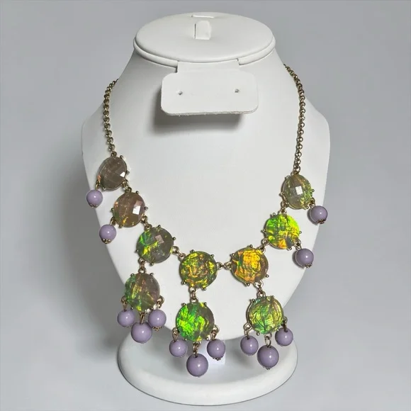 🍭5 for $20🍭 Silver Tone Green Foil Beaded Drop Statement Necklace CC - Picture 1 of 5